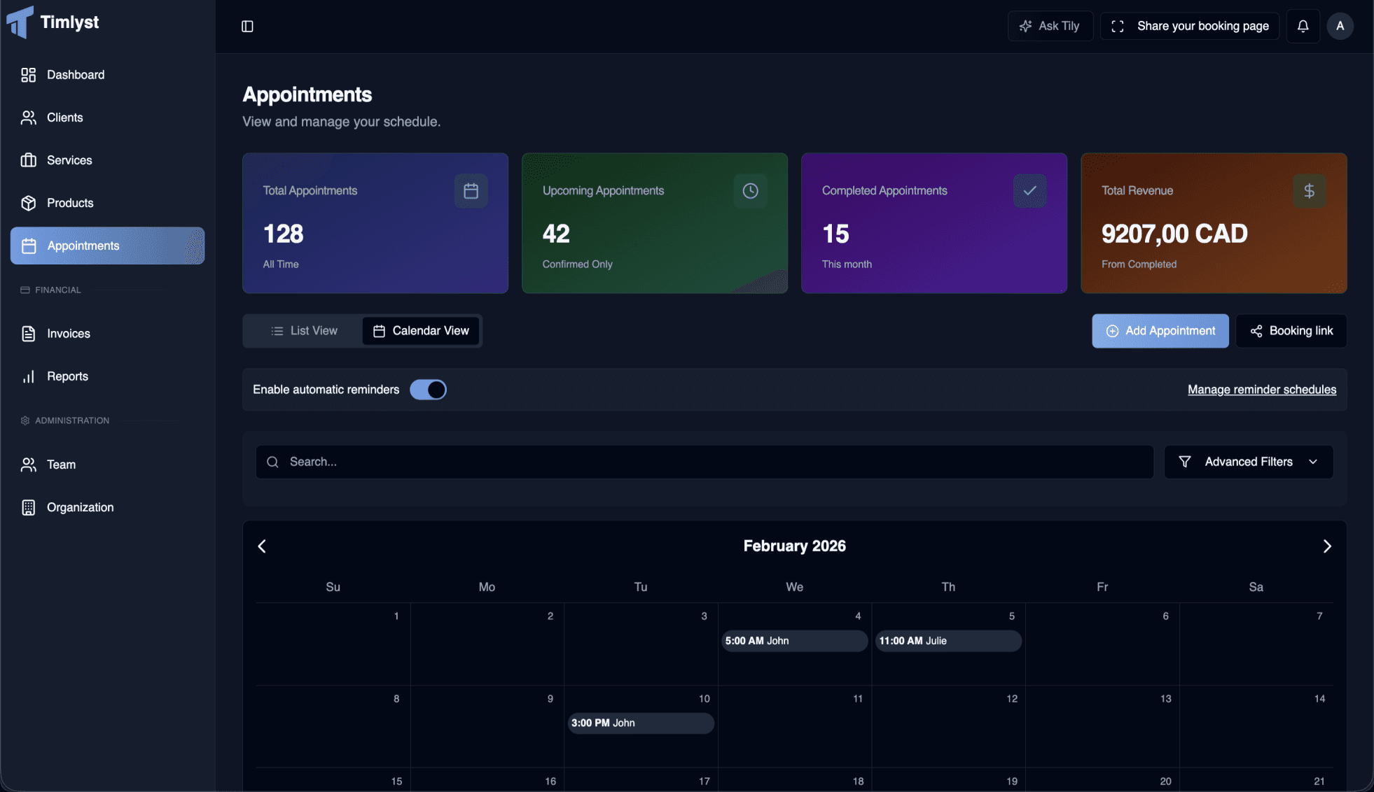 Timlyst Dashboard - AI Scheduling and Client Management Interface (Dark Mode)