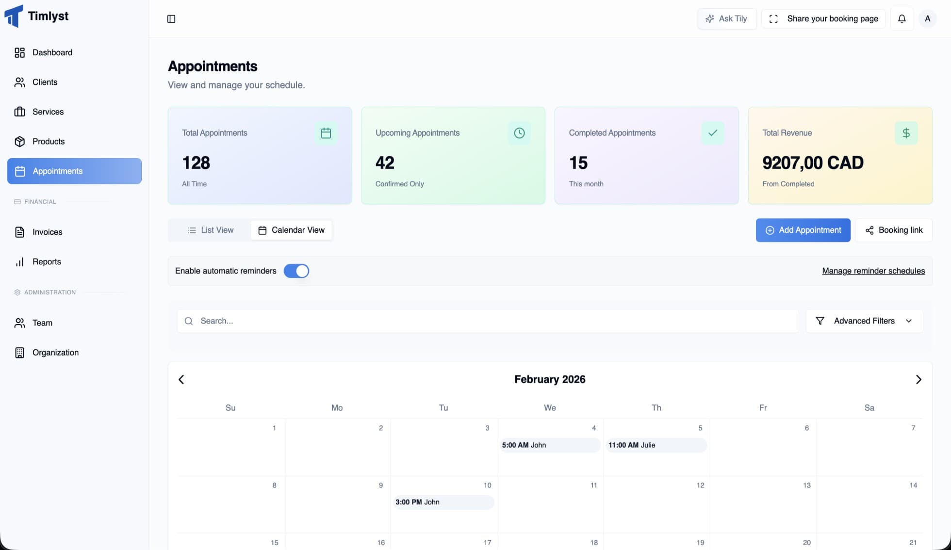 Timlyst Dashboard - AI Scheduling and Client Management Interface (Light Mode)